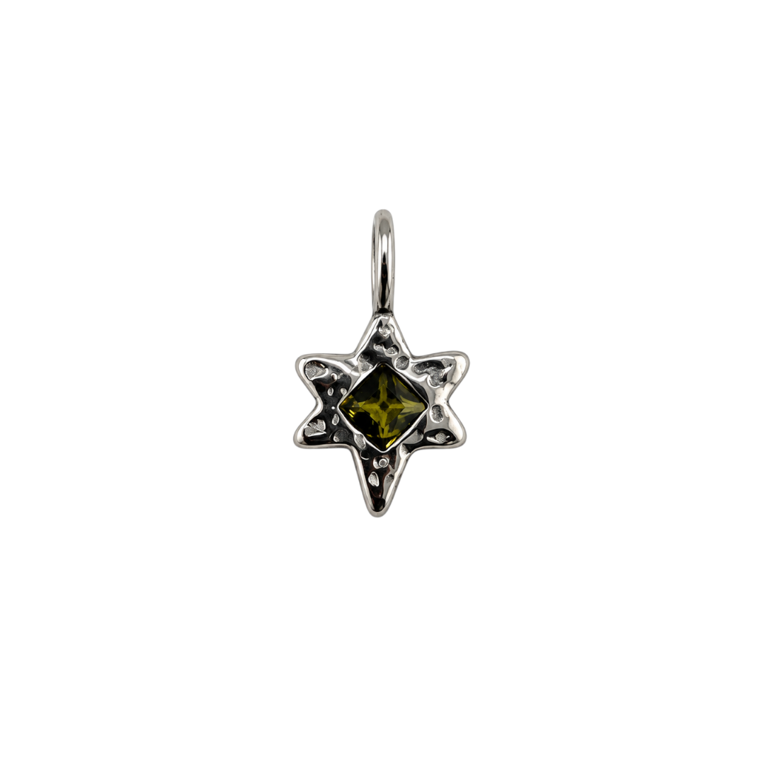 HOUSE OF EVEN NOVA star charm in silver-tone stainless steel with a hammered texture and faceted olive glass stone.